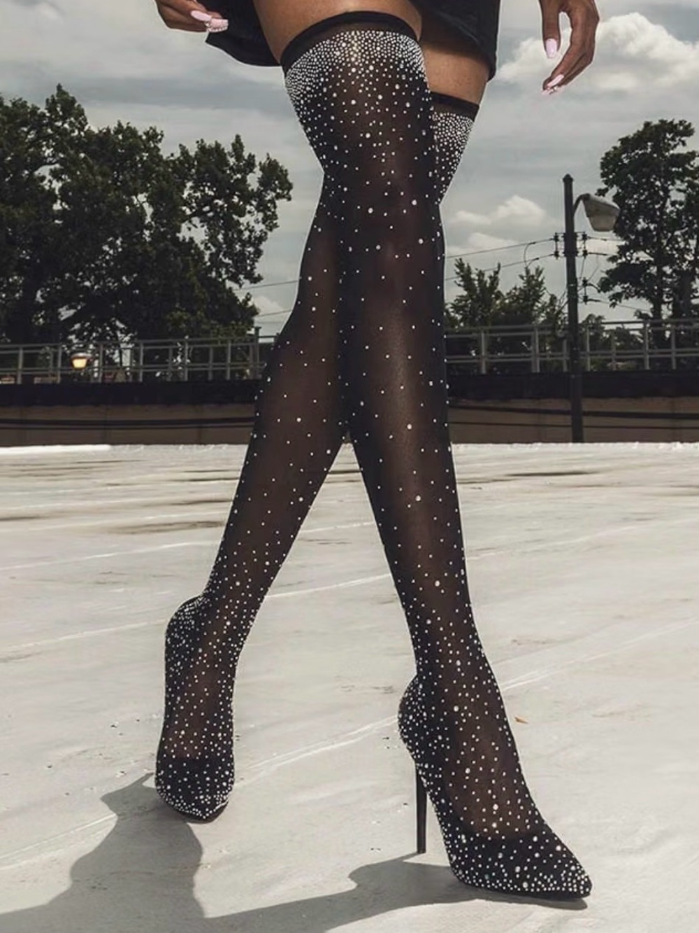 Sheer Black Rhinestone Over-the-Knee witchy spooky heel boots